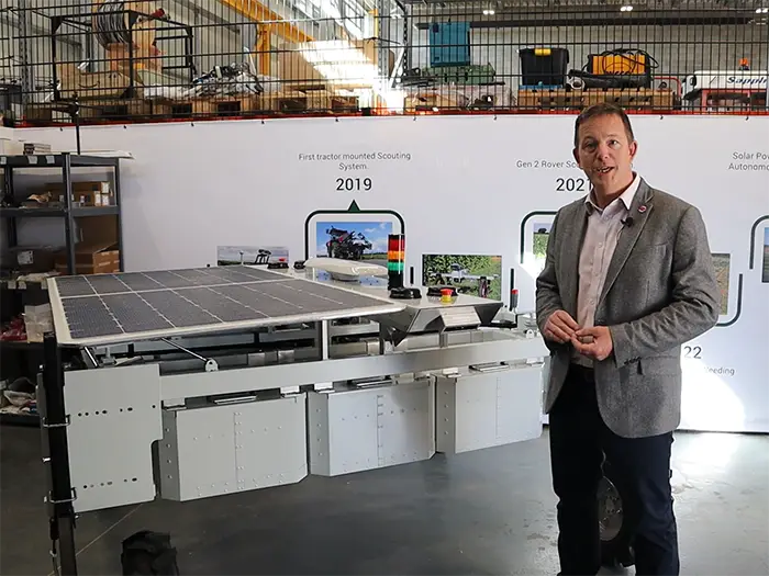 James Miller, CEO of Earth Rover, standing with CLAWS - their autonomous weeding and crop surveying drone. Picture: Riccardo Magliola/tiah.org.