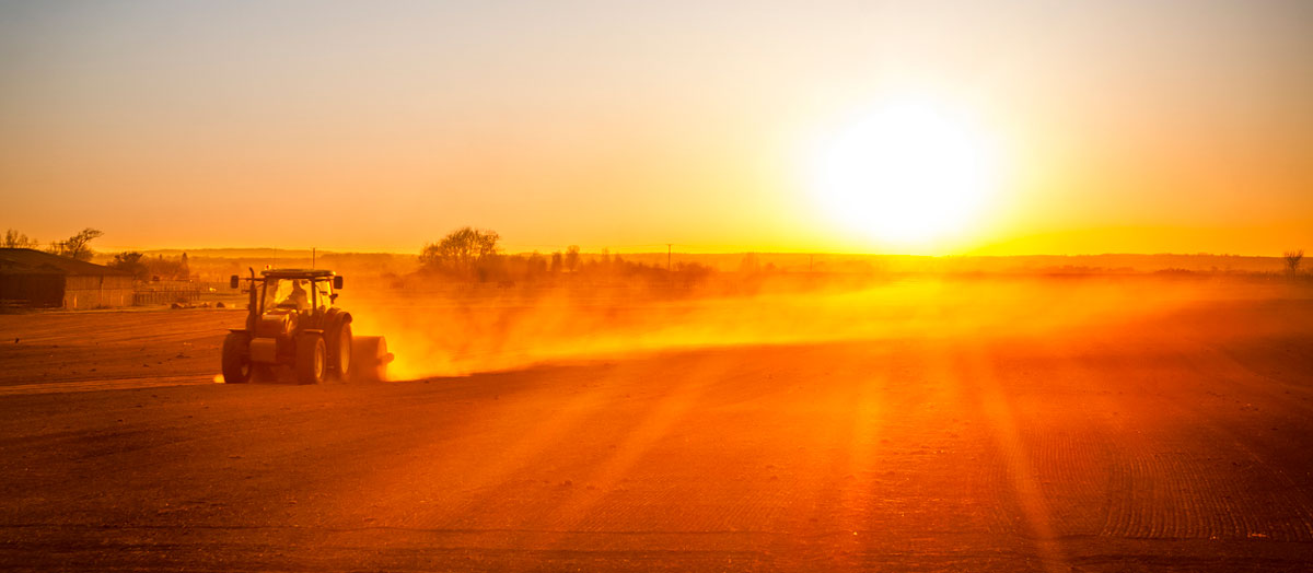 Sun sets as farmer finishes rolling a field. iStock.com/allou