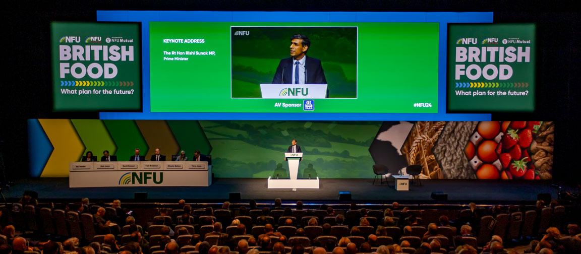 Rishi Sunak speaking at NFU Conference in February 2024. Picture: Jonathan Hipkiss/NFU.